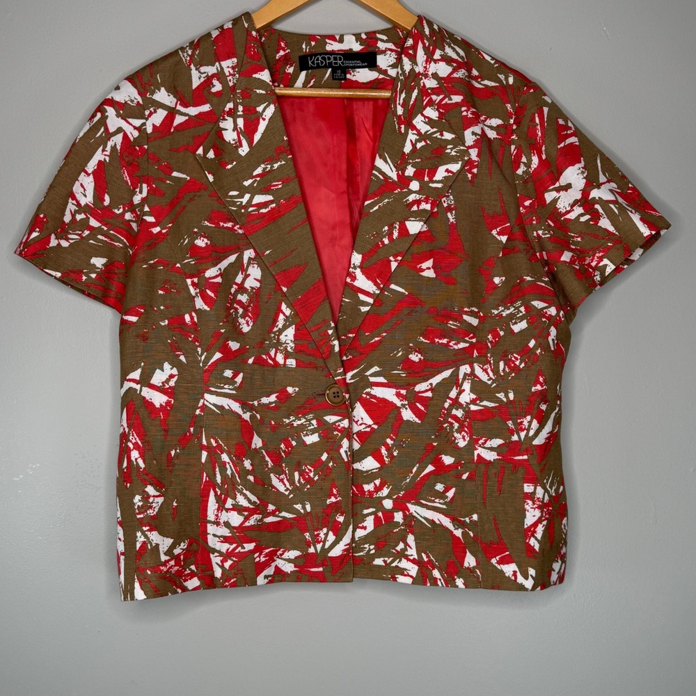 Kasper Essential Sportswear Womens Size 16 Linen Blend Abstract Print Blazer Red